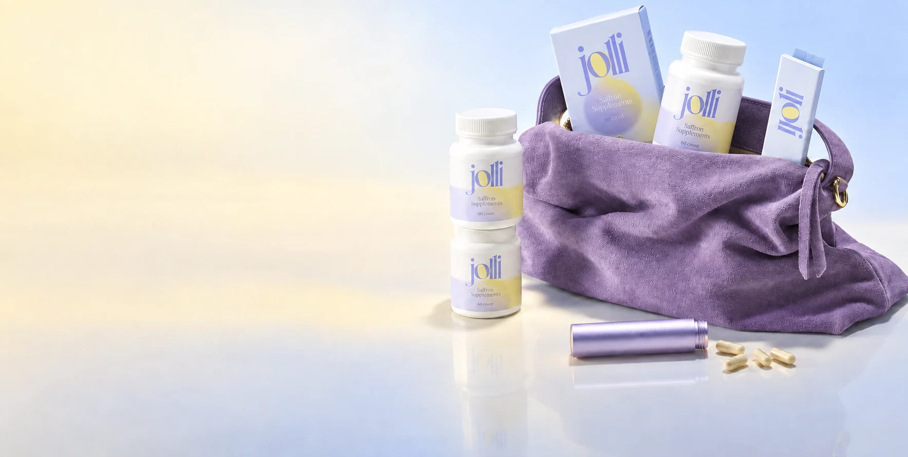 Jolli Saffron bottles and cartons with a lavender pouch