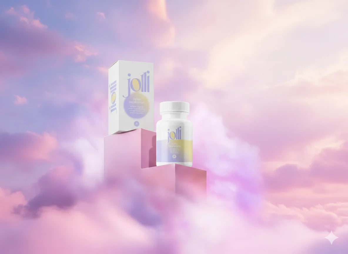Jolli Saffron bottle and carton among lavender clouds